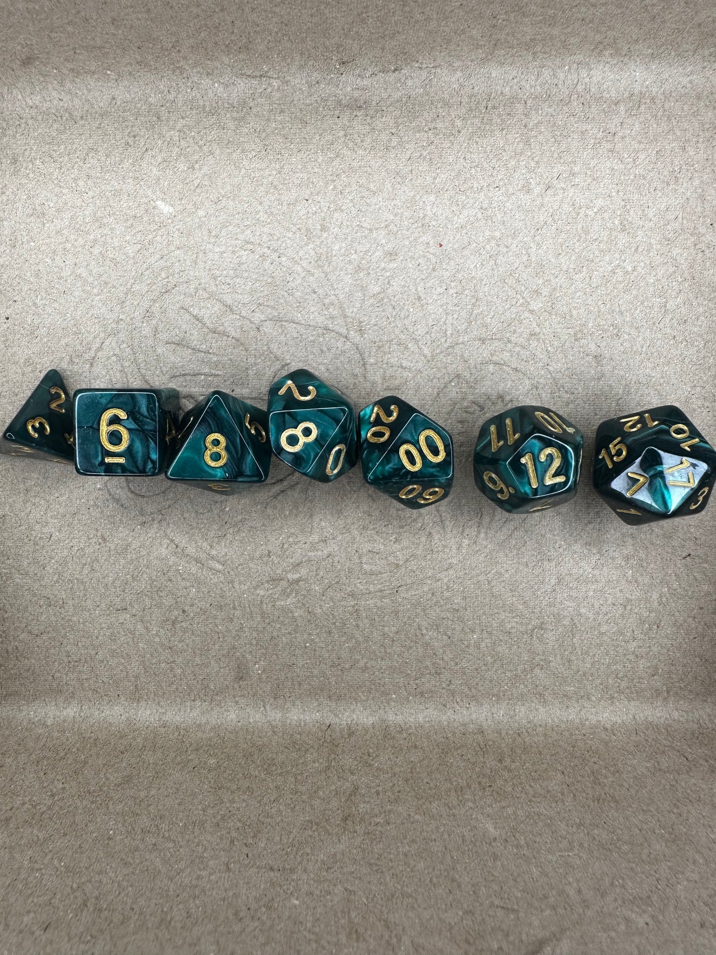 Green 7 piece set of dnd ttrpg gaming dice