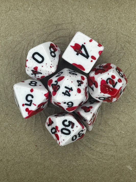 7 pc set of white and red stained dnd tabletop gaming dice