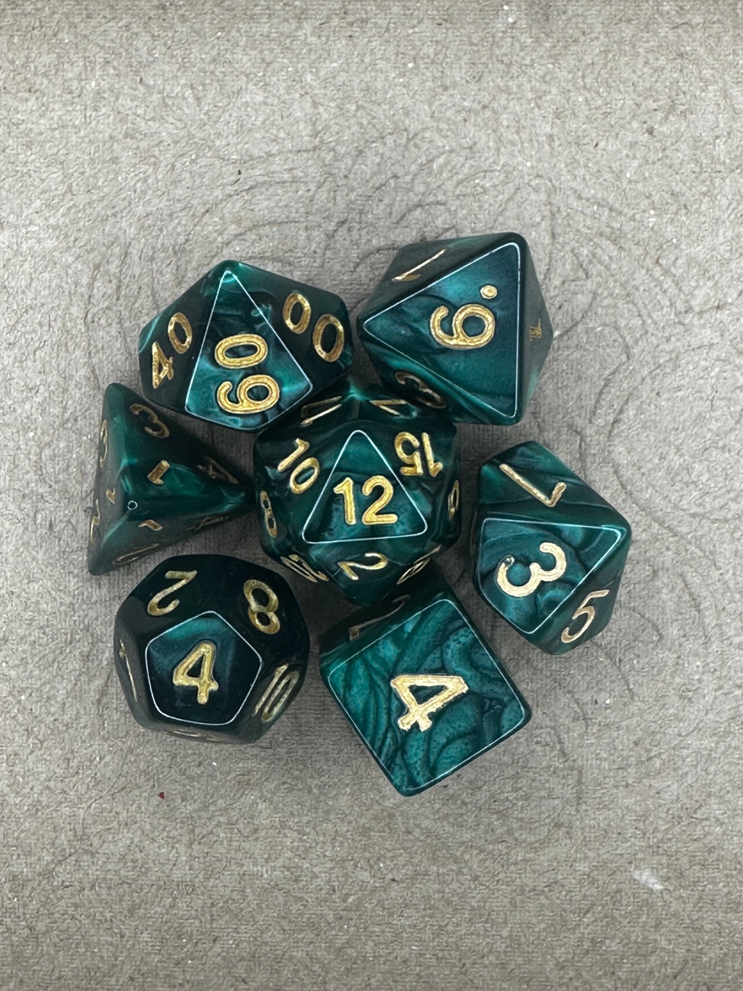 Green 7 piece set of dnd ttrpg gaming dice