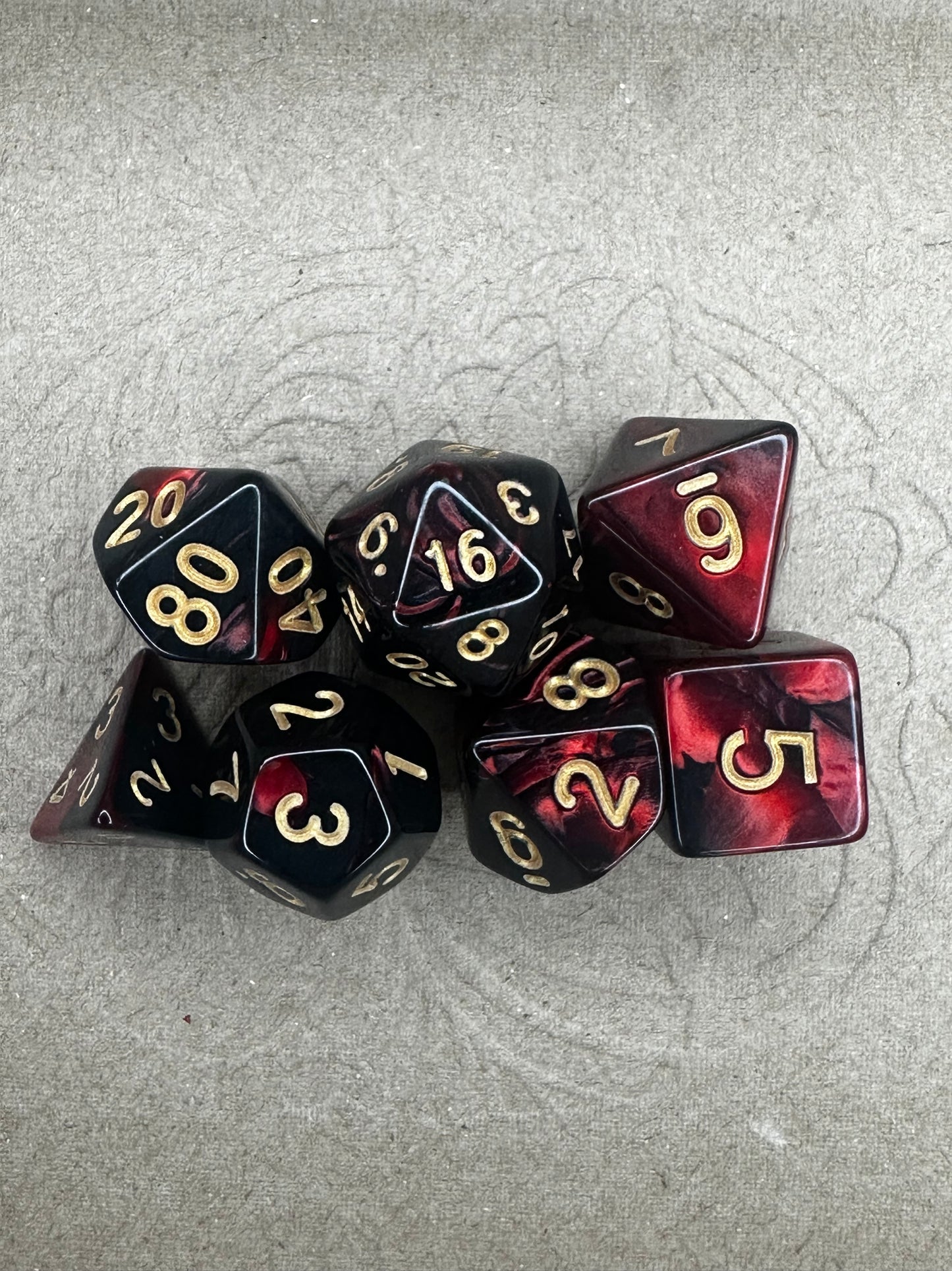 7 piece Red and Black dnd tabletop gaming dice set