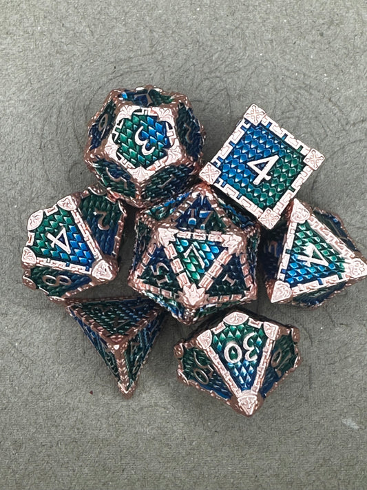 7pc blue green dragonscale metal dnd gaming dice set